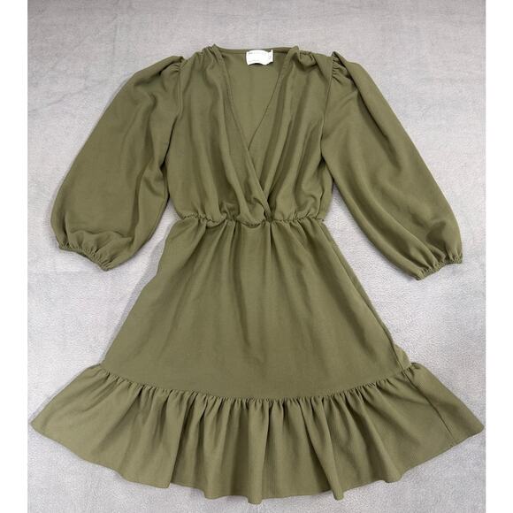 ASOS‎ DESIGN Mini Tea Dress Sz 4 Womans Green Wrap Front Ruffle-hem Puff Sleeves - Picture 1 of 8